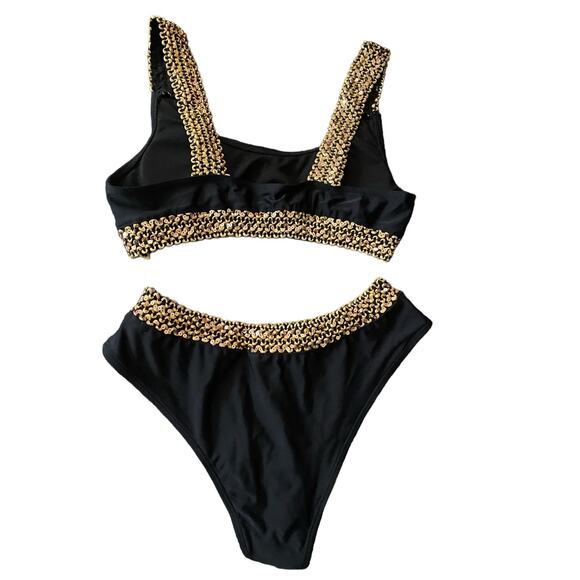 Egyptian Style 2 PCHi Waist Bikini Swim Size Large Black Gold Sequin Trim New - Picture 2 of 16